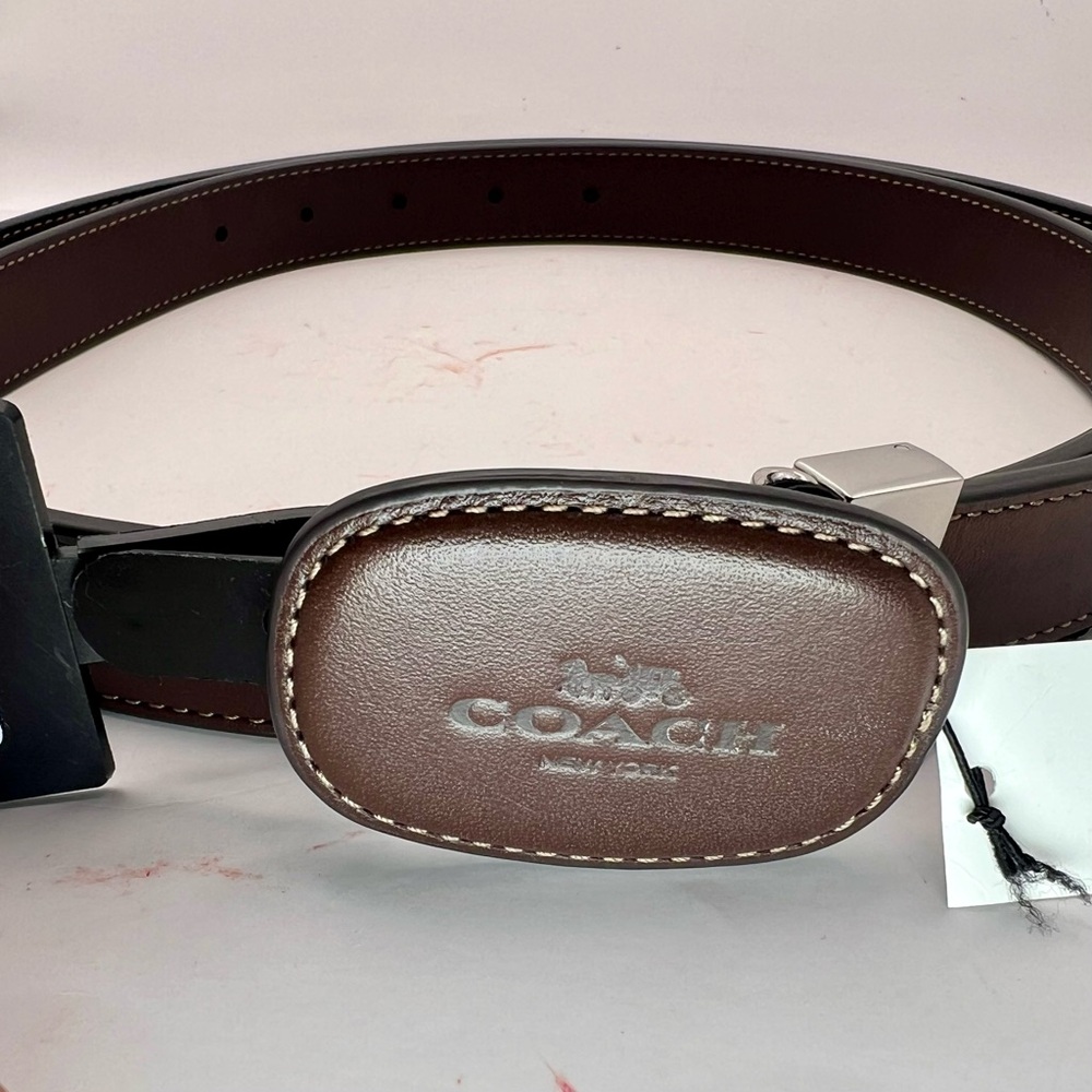 NWT Coach Brown Plaque Buckle Cut To Size Eliza Leather Belt 1-Size Logo Buckle